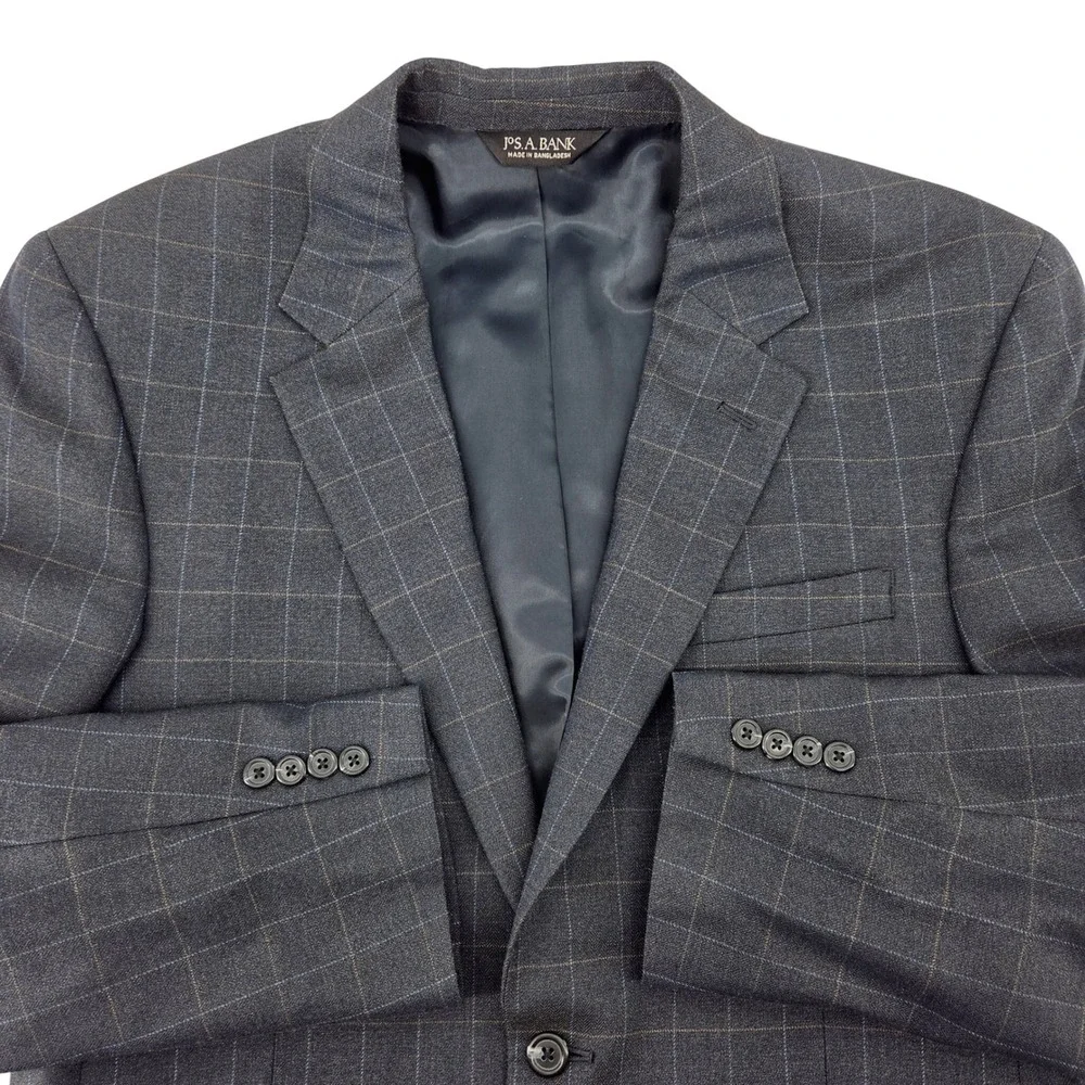 JOS A BANK 42L Wool Silk Blend Windowpane Check Navy‎ Blue Blazer Suit Jacket
